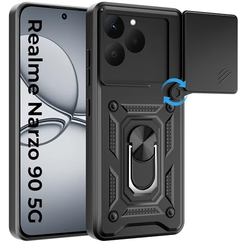 Image of A rtistque Armor Bumper Back Cover Case for Realme Narzo 90 / Realme 15T 5G | Ring Holder Stand | Sliding Camera Protection | Shockproof Heavy Duty Design | Realme Narzo 90 Back Cover - Black