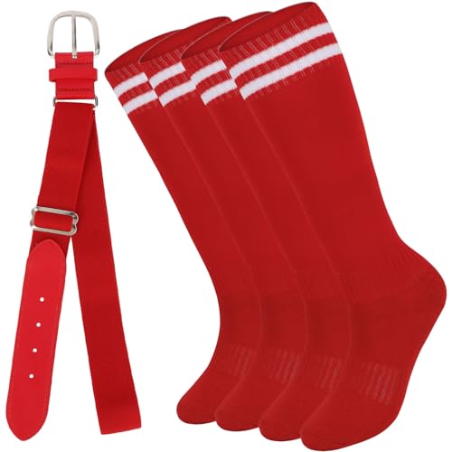 2 Pair Baseball Socks and Belt Set with Stripes for Youth Adult Softball Socks Men Youth Strenchy Baseball Belt Combo
