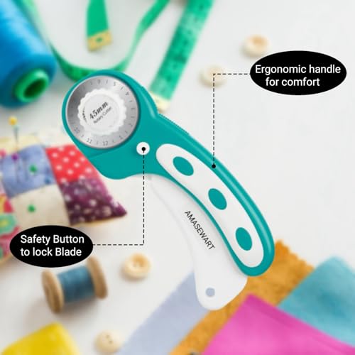 45mm Rotary Cutter for Fabric with 8pcs Rotary Blades, Rolling Fabric Cutter Crochet Edge Skip Stitch Blade Perforating Rotary Blade, Pinking Rotary Cutter for Quilting Crafts Sewing