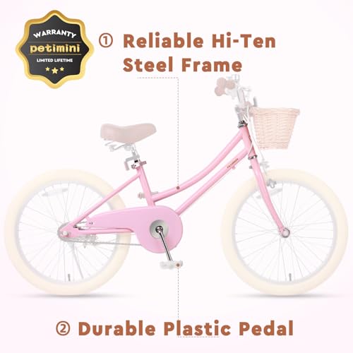 Image of Petimini Vintage Kids Bike for Girls, 12-20 Inch Classic Bicycle with Wicker Basket & Bell, High Tensile Steel Frame, Training Wheels (12-18 inch), 85% Pre-Assembled, Retro Bike for Outdoor Riding