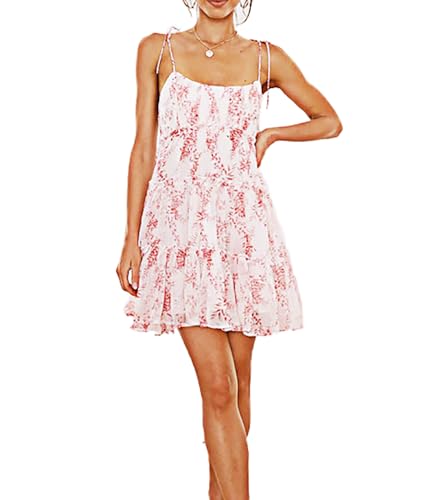 Image of kinstell Women's Boho Spaghetti Strap Ruffle Square Neck Bowknot Backless Sleeveless Elegant Flowy Mini Short Skater Dresses