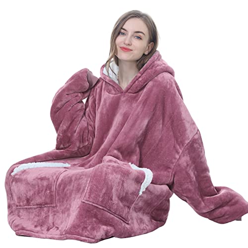 Kipswiza Oversized Wearable Blanket Sherpa Fleece Thick Warm Big Hooded Sweatshirt Blanket Hoodie Gifts for Adult Women Mom Daughter Teenagers Men - Dark Pink — view 6
