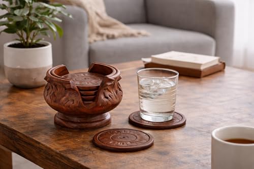 Image of Wooden Coasters for Drinks Set of 6 - Solid Wood Coasters with Holder | Round Table Coasters for Coffee Table, Bar, Kitchen & Office | Table Coaster | Perfect Housewarming Gift