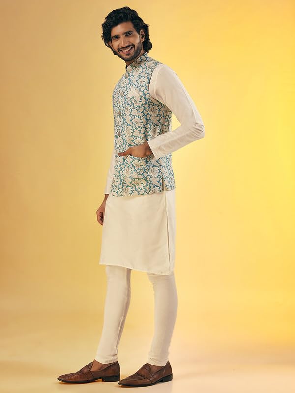 Image of KISAH Men Printed Kurta Jacket Set, Full Sleaves, Knee Length, Straight, Regular Fit, Mandarin Collar Ethnic Wear