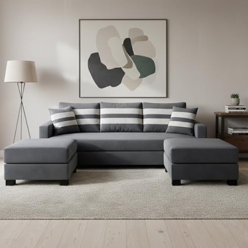 Image of Kassian 5 Seater L Shape Sofa Set with 2 Movable Ottomans | Flexible Layout | Rich Velvet Suede Fabric | Silver Legs | Modern Sofa for Living Room (Dark Grey)