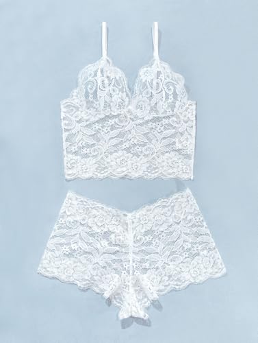 Image of Lilosy Sexy Sheer Floral Lace Pajamas Lingerie Set High Waist Sleepwear Bra and Panty 2 Piece Nightwear