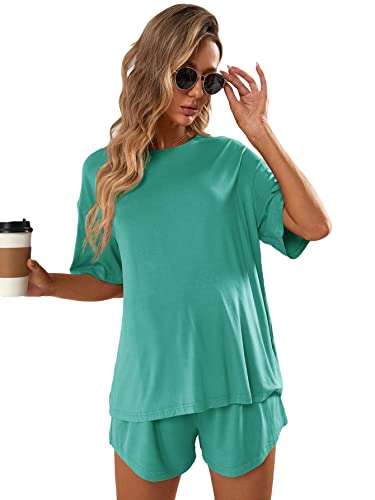 Image of OYOANGLE Women's Maternity 2 Pieces Pajamas Outfits Loose Short Sleeve T-shirt Top and Shorts Loungewear