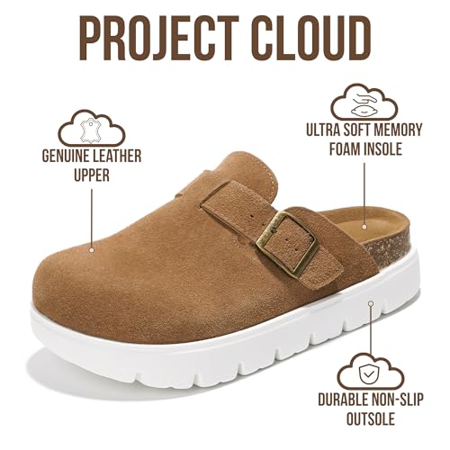 Image of Project Cloud 100% Genuine Leather Platform Clogs for Women Footwear - Memory Foam Arch Support Cork Footbed Casual Shoes & Mules for Women 2026 (Benton Chunky)