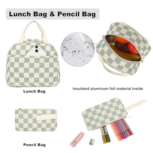 School Backpack for Girls - Girls Backpack with Lunch Box Pencil Case for Teen Kids Elementary Middle Bookbag (Corduroy Checkered Green)4