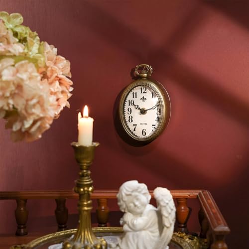 Reloj de pared ovalado pequeño vintage dorado silencioso analógico miniatura 2