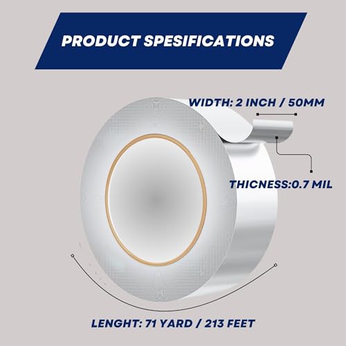 Image of Aluminum Tape - High Temp & Waterproof Foil Tape for Ductwork & Insulation, Strong Adhesive, Heavy Duty Silver Tape, 2 inch x 71 Yards, Ideal for Sealing & Repairs (0.7 mil)