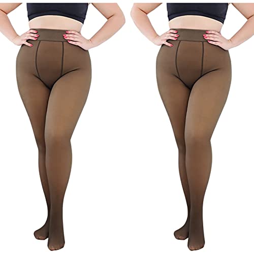 Women Fleece Lined Tights Plus Size Leggings Thermal Pantyhose Fake Translucent Tights Opaque High Waisted Sheer Tight 2PC (380G Black+Black, One Size)