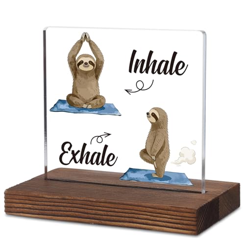 Funny Yoga Sloth Inhale Exhale Acrylic Decor, Humorous Gifts for Yoga Enthusiast Sloth Lovers Coworker, Positive Cute Sloth Yoga Sign for Home Office Workers Gym Mental Health Decorative KAS66