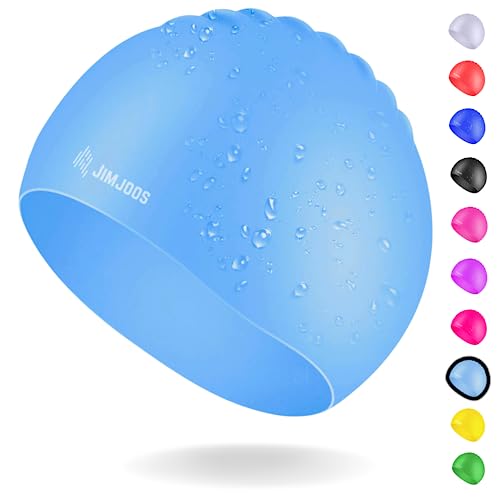 JIMJOOS Kids Swimming Cap 3–14 Years - Silicone Swim Cap for Boys & Girls - Anti-Slip, Stretchable, Waterproof Swimming Hat - Durable, Odour-Free Swim Hat with Protective Pouch (SKY BLUE, 9-14 Years)