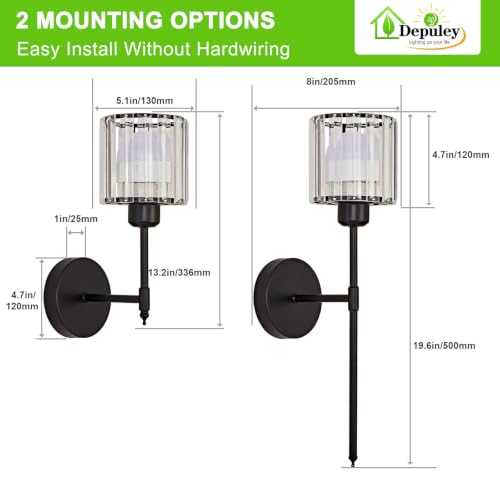 Image of Depuley Wall Sconces Battery Operated: Set of 2 Wireless Crystal Wall Lights with Remote - Rechargeable 15 Colors Black Wall Lamp for Living Room Home Decor