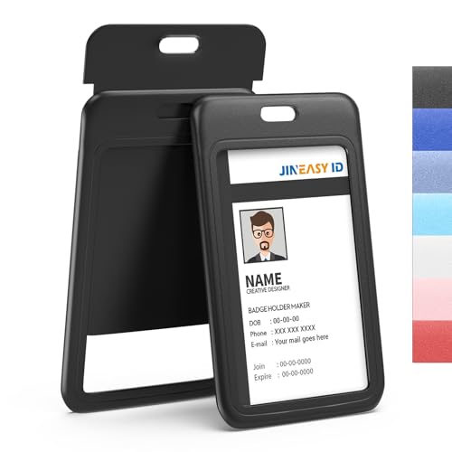 JINEASY ID 2 Pack Hard Plastic ID Badge Holder Vertical Card Holder for Work Key Cards, Heavy Duty, Black