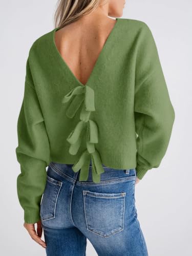 Image of Saodimallsu Womens Bow Sweater Cropped V Neck Long Sleeve Pullover Tops