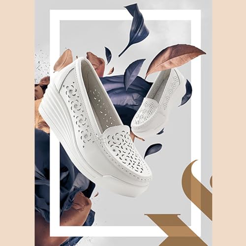 Image of Women's Leather Breathable Wedge Heel Nurse Loafers Comfortable Round Toe Platform Non-Slip Hollow Breathable Slip-On Work Shoes Mother Shoes