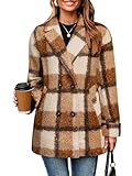 Glamaker Womens Winter Lapel Collar Plaid Jacket Double Breasted Work Pea Coat Jackets Casual Trendy(Brown,Large)