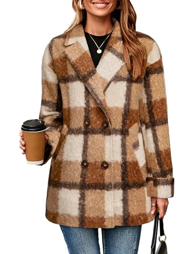 Glamaker Womens Winter Lapel Collar Plaid Jacket Double Breasted Work Pea Coat Jackets Casual Trendy(Brown,Large)