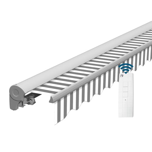 Eclipse Kassettenmarkise Halbkassette Gelenkarm Sonnenschutz Markise Sonnenmarkise Balkonmarkise elektrisch Standard 3,95x3 m Stoff 280g/m² Polyester (PE) UV-Schutz 50+, Markisentuchfarbe: Grau-Weiß