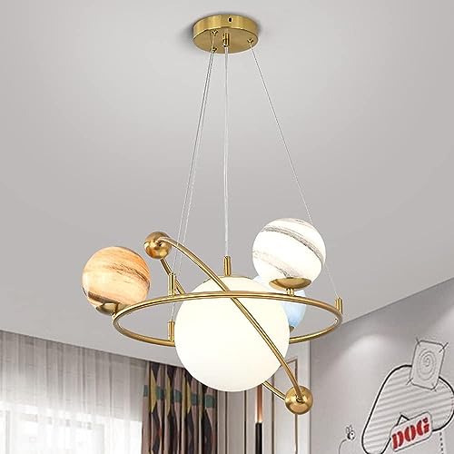 Lustre planète pour chambre d'enfant : suspension anneau doré 7 globes lumineux Plafon
