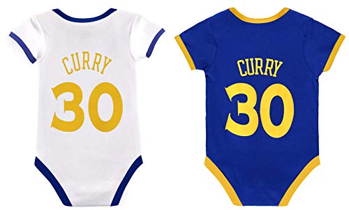 iSport Gifts Steph Curry Basketball Jersey Baby Infant & Toddler Onesies Rompers Pack of 2 Home & Away Jersey Design Bundle (2-Pack Curry Rompers, 12-24) Blue/White