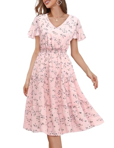 Bridesmay Summer Dresses for Women with Sleeves Floral Boho Sundresses Plus Size Modest Church Dress Pink Floral 2XL