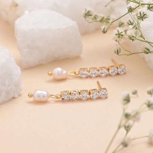 Image of PALMONAS 18k Gold Plated Pearl Drop Diamond Earring for Women - Gift for Girls & Women | Waterproof & Anti-Tarnish Earrings
