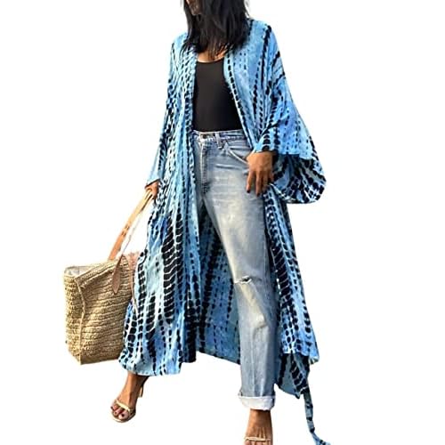 Bsubseach Stylish Tie Dye Open Front Long Kimono Swimsuit Cover Up for Women Swimwear Cover Ups G-blue