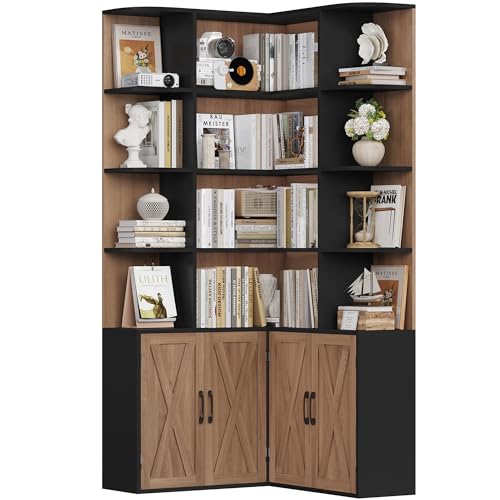 FirFurd 187cm Bücherregal mit Türen Eckregal mit 12 Fächern L-förmiger Bücherschrank Vitrinenschrank Holz Hochschrank Regal mit Türen für Wohnzimmer Arbeitszimmer Büro 187 x 80 x 80cm Eiche & Schwarz