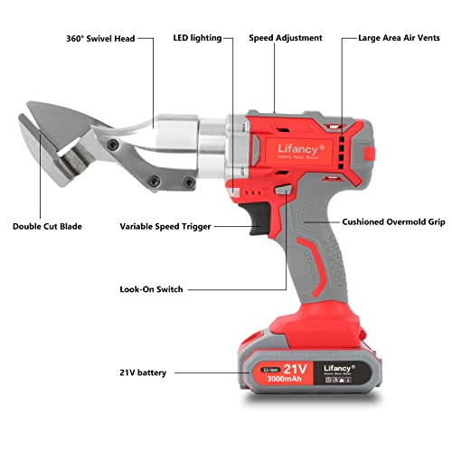 Lifancy 21V Metal Shear, 16Ga, Speed Swivel Head Electric Metal Cutter Shear (0-3,000 Spm,3000Mah,2 Batteries,1 Charger) #TOP1