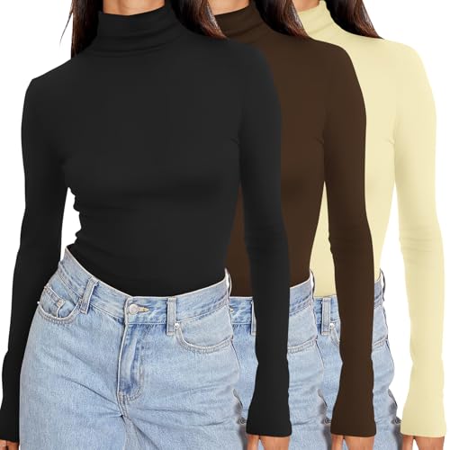 Ekouaer Women's 3 Pack Turtleneck Long Sleeve Shirts Slim Fit Thermal Underwear Tops Lightweight Pullover Tees Black/Brown/Khaki M