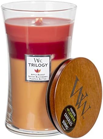 WoodWick Trilogy Autumn Harvest - Apple Basket, Spiced BlackBerry, Pumpkin Butter Scented Crackling Wooden Wick Hourglass Candle in Clear Glass Jar, Large - 21.5 Oz