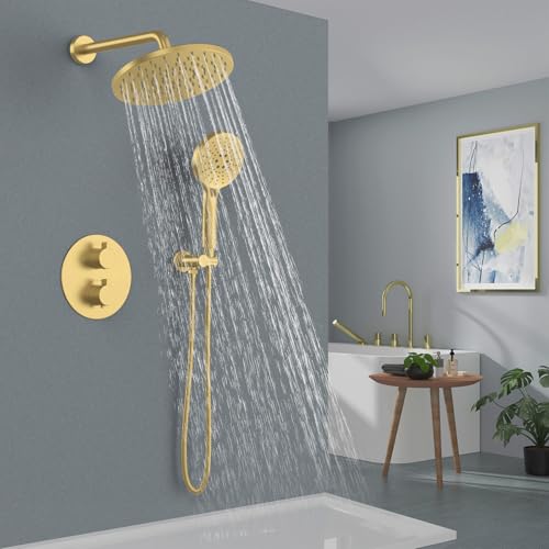 Image of Iriber Thermostatic Shower System Wall Mount with 10 Inch Roud Rainfall Shower Head and Handheld,Shower Faucet Mixer Trim Kit (Valve Included),Brushed Gold