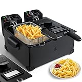 Aigostar Deep Fat Fryer with Dual Tanks, Large Deep Fryers with Viewing Window, 6 litres, 2 Chip Baskets and Lids, Adjustable Temperature Control, Stainless Steel, Black