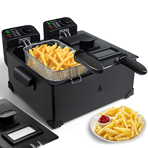 Aigostar Deep Fat Fryer with Dual Tanks Large Deep Fryers with Viewing Window 6 litres 2 Chip Baskets and Lids Adjustable Temperature Control Stainless Steel Black