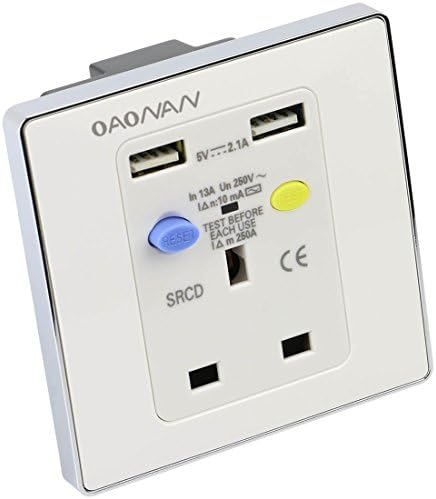 Safety RCD Wall Socket with 2 USB Ports / 1 British Socket 13 AMP for Home Building, Garage and Replace Wall Socket - White