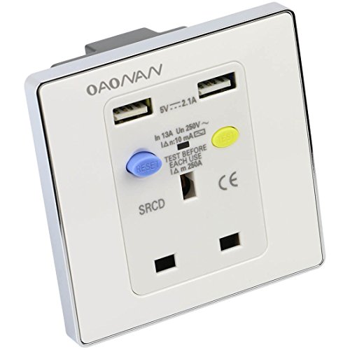 Safety RCD Wall Socket with 2 USB Ports / 1 British Socket 13 AMP for Home Building, Garage and Replace Wall Socket - White