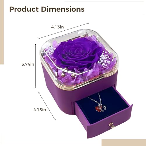 Collar de corazón con rosa eterna morada en caja acrílica para regalar 4
