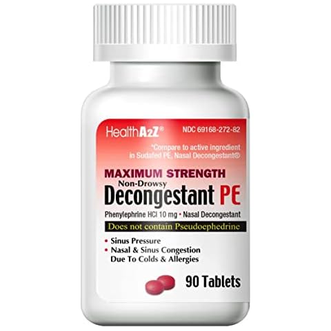 HealthA2Z® Decongestant PE | Phenylephrine HCl 10 mg | Maximum Strength | Non-Drowsy Nasal & Sinus Congestion Relief Due to Cold & Allergies (90 Count (Pack of 1)) Cover