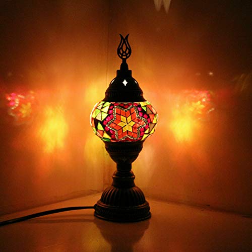 ENVA Turkish Moroccan Style Handmade Tiffany Multicolor Mosaic Desk Table Bedside Lamp, Bronze Base, Unique Light