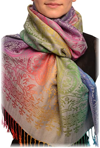 Étole pashmina gris de taille unique avec motifs jacquard paisley et franges