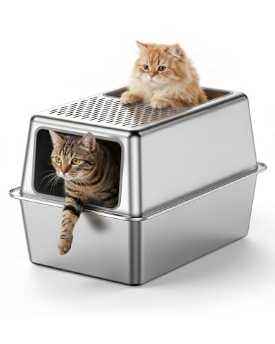 Lettiera Gatto Acciaio Inox, Lettiera Gatto Chiusa Grande XXL, Lettiere Tutto in Metallo per Gatti con Coperchio, Toilette per Gatti, Antiodore, Facile da Pulire, Antiaderente e Spaziosa