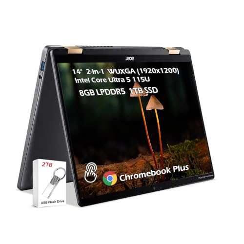 Image of acer Chromebook Plus Spin 714 2-in-1 Laptop with Google AI, 14 inch Touch WUXGA IPS, Intel Core Ultra 5 115U, (8GB LPDDR5 1TB SSD), Backlit KB Wi-Fi6E Chrome OS, Steel Gray, w /2TB USB Drive, W /GaLiMu