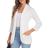 Women's Lightweight 3/4 Sleeve Cardigan - Soft Draped Open Front With Pockets