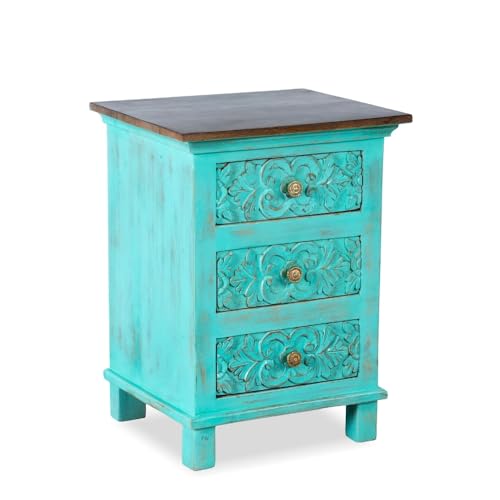 Image of Wooden Bedside Table for Bedroom | Solid Wood Orek Bedside Table with Drawers | Corner Side Table for Living Room | Traditional Handcrafted Furniture for Home Decor (Turquoise Distress)