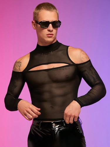 WDIRARA Men's Cut Out Front Mesh Sheer Mock Neck Long Sleeve Bodycon Party Blouse Tops3