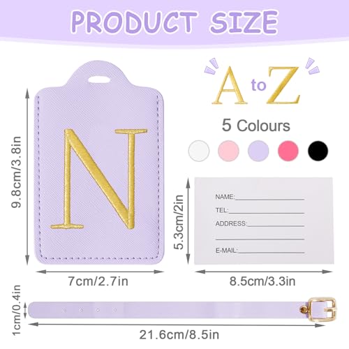 Image of Initial Letter Luggage Tags for Suitcases, Personalized Embroidered Letter Luggage Bag Suitcase Identifier Name Tag, Cute PU Leather Travel Luggage Tags, Bag Tags for Luggage Handbags(Purple N)