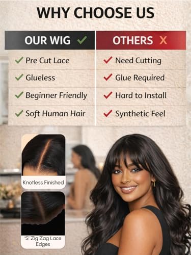 Image of Beauty Forever 13x4 Lace Front Wig Human Hair Glueless Pre Plucked Pre Cut,Loose Wave Wig with Curtain Bangs for Black Women, Fluffy Natural Black Ready to Wear Drawstring Wig, 150% Density 22 Inch